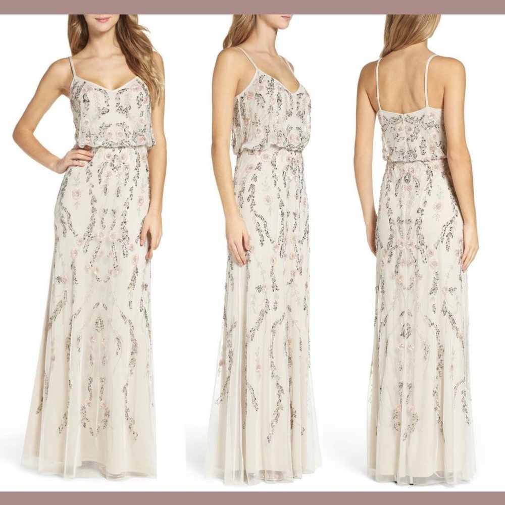 NEW $349 Adrianna Papell Floral Beaded Mesh Blouson Gown in‎ Ivory [SZ 4 ]